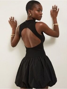 Black Ripped mini puffy Dress Ruffled Bottoms w open back